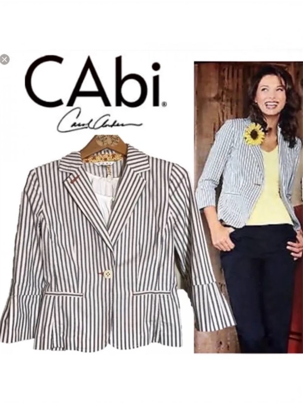 CAbi Women's Blue White Striped Ticking Blazer Style 793 Nautical Stretch